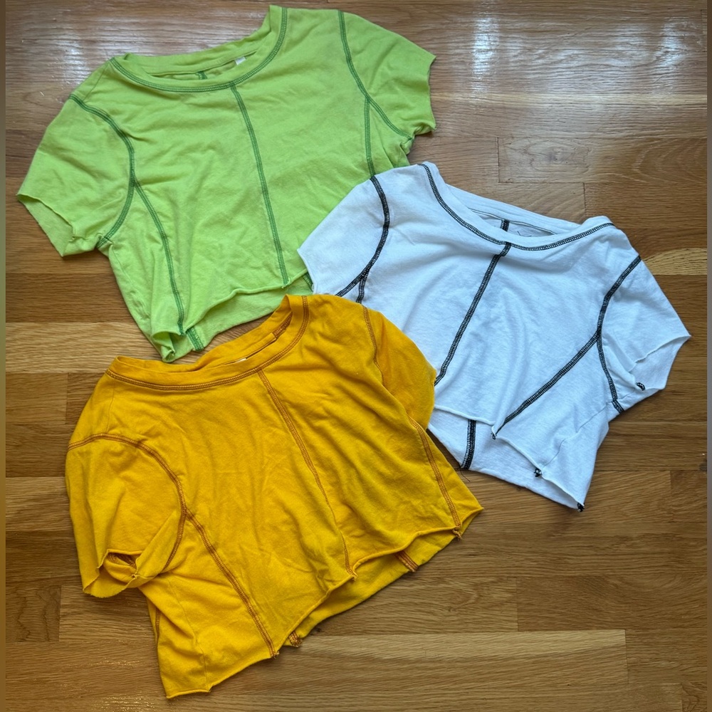 Set of Three Cropped T-Shirts in Yellow, Green, and White